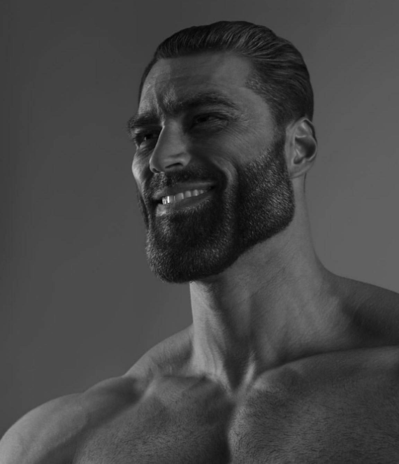 The Gigachad meme: a black-and-white portrait of a chiseled, bearded man